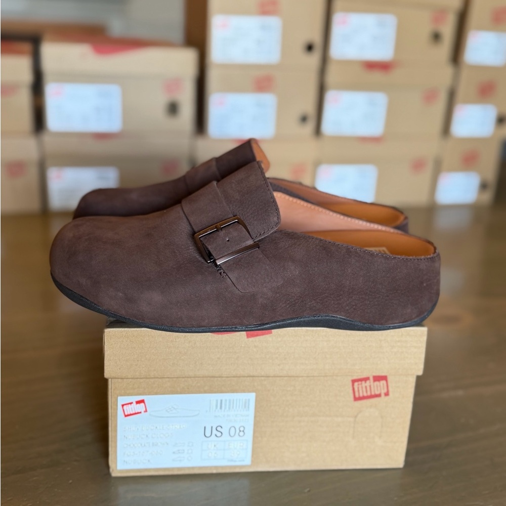 Fitflop Shuv Women’s Buckle-Strap Chocolate Brown Suede Mule Size 8